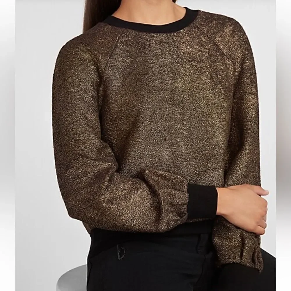 Express Metallic Gold Balloon Sleeve Crew Neck Sweatshirt